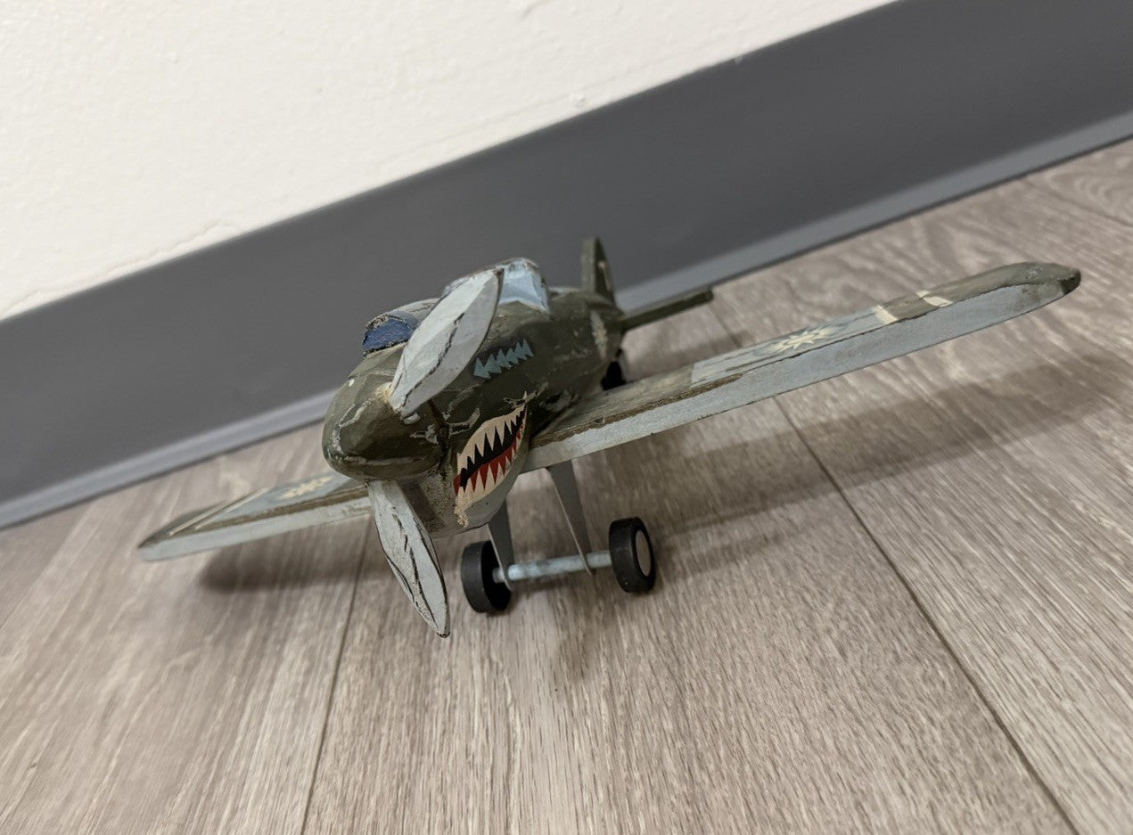 Vintage Green Plane  Shark Wooden Decorative Toy Missing Propeller Wood Airplane