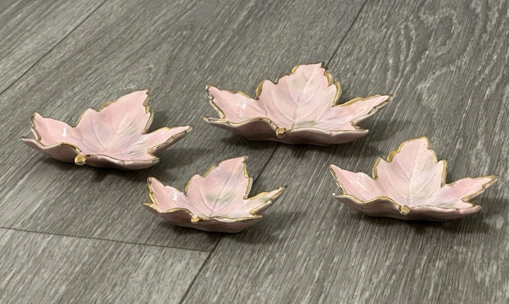 Vintage Ceramic set of 4 Nesting Maple Leaf Dishes 4 inches Pink And Gold