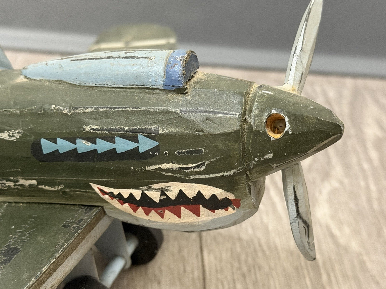 Vintage Green Plane  Shark Wooden Decorative Toy Missing Propeller Wood Airplane