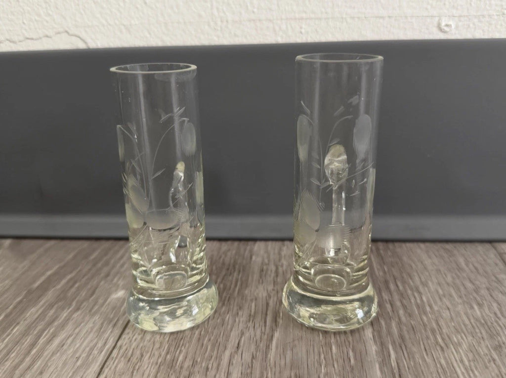 Shot Sake Liqueur Pair Glasses Japanese Etched Plant w/ Handles Vintage CHIPPED