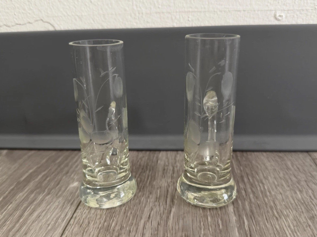 Shot Sake Liqueur Pair Glasses Japanese Etched Plant w/ Handles Vintage CHIPPED