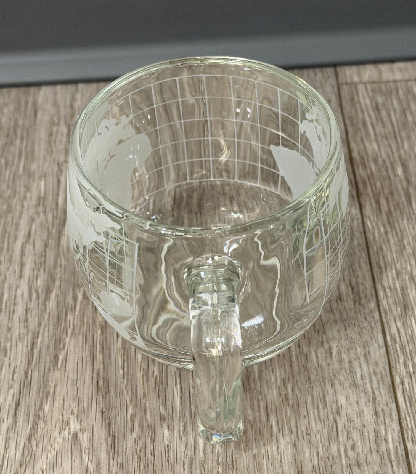 Vintage Nestle Co. Etched Clear Glass World Map Coffee Mug 3"