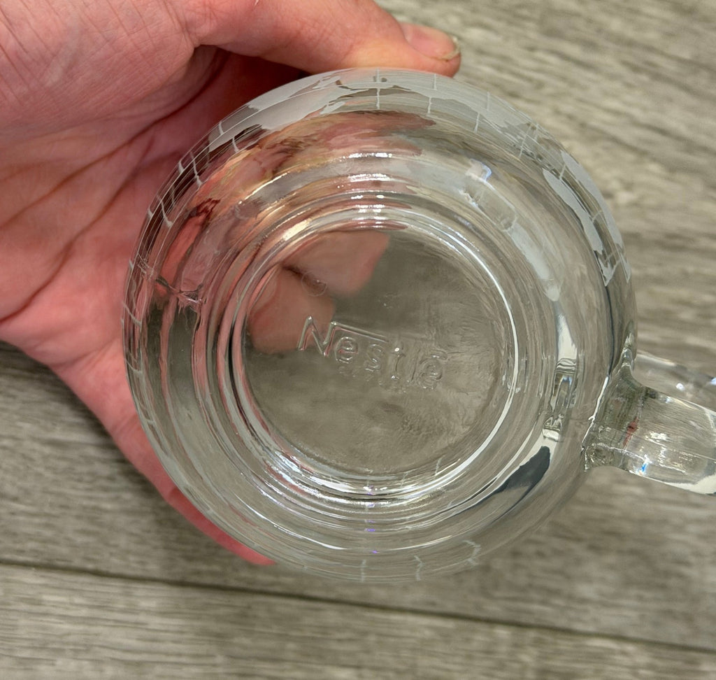 Vintage Nestle Co. Etched Clear Glass World Map Coffee Mug 3"