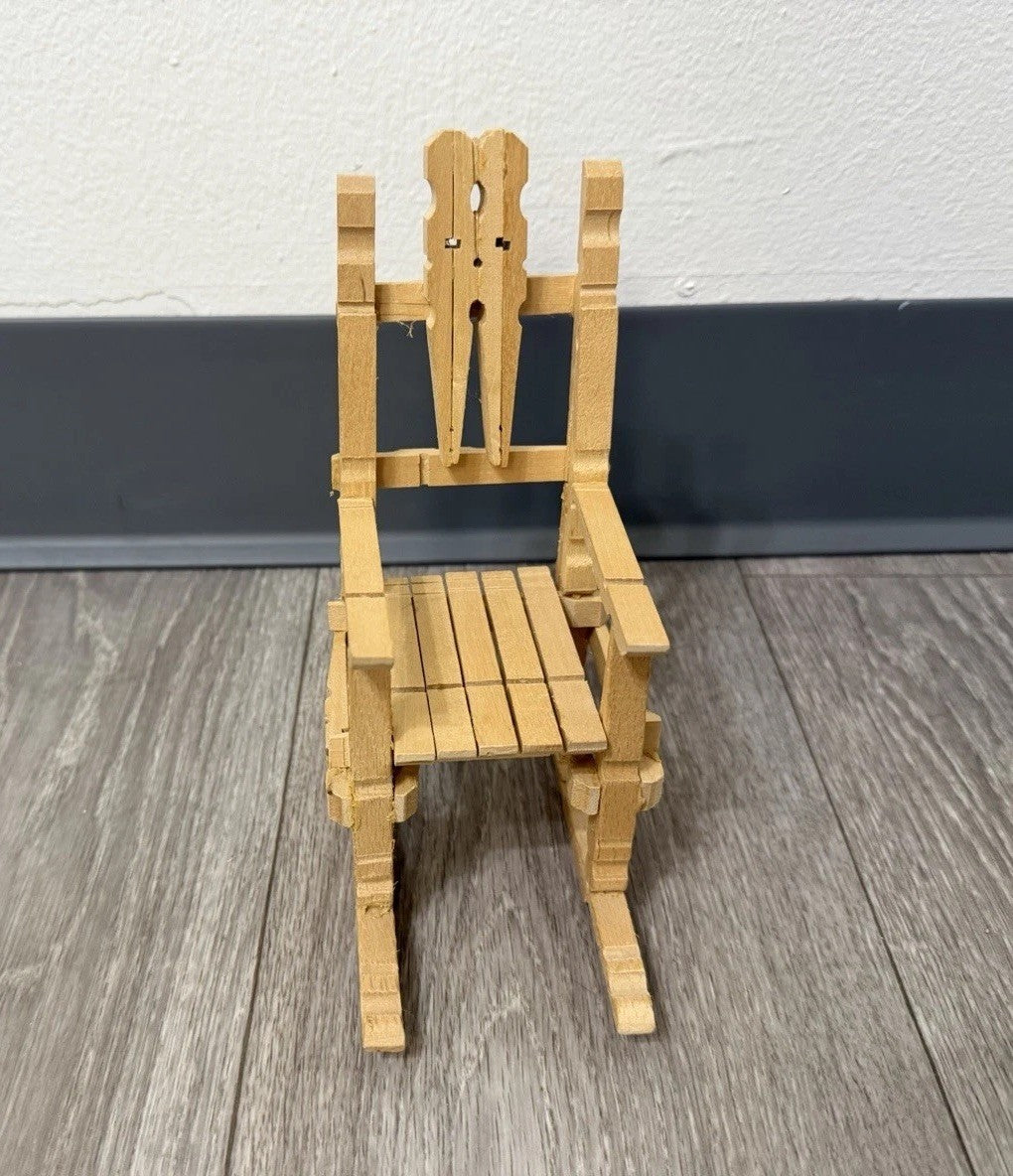 Vintage Folk Art Wooden Clothespin Handmade Doll Rocking Chair Rustic Farmhouse