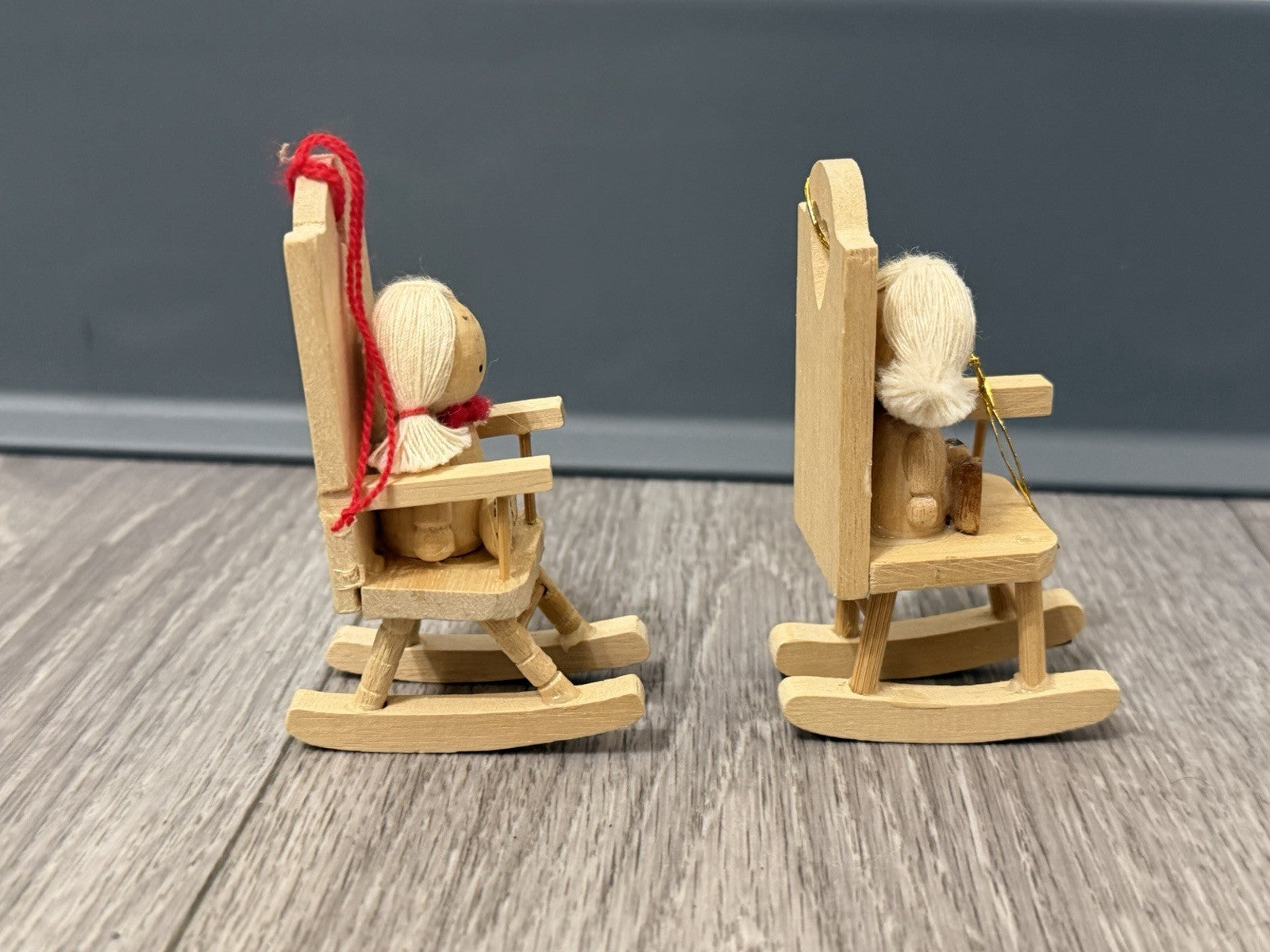 Vintage Set Of 2 Wooden Dolls Yarn Hair Girl Rocking Chair Ornaments One Broken