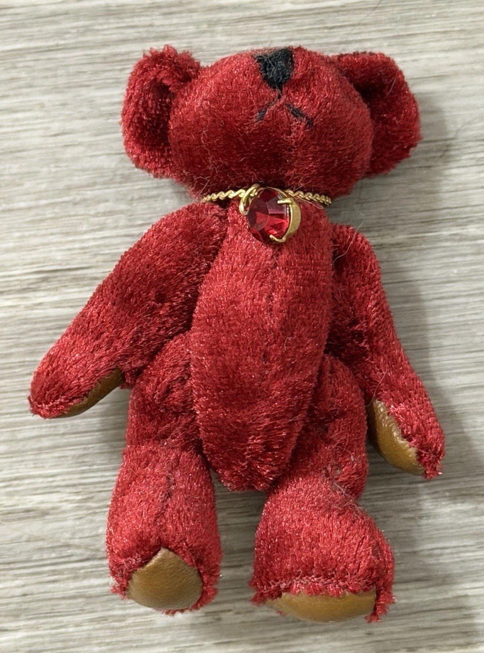1982 Miniature Jointed Ruby Velvet Purple Teddy Bear Wearing A Necklace