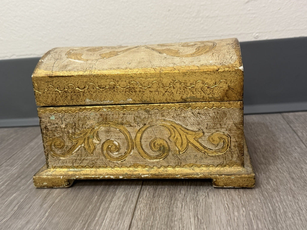 Vintage Domed Wood Gold Gilt Italian Florentine Footed Trinket Box 8”x5”x4.75”