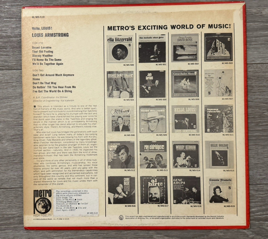 Louis Armstrong - Hello Louis! - 33-1/3, Stereo Vinyl Record - MS-510, 1965