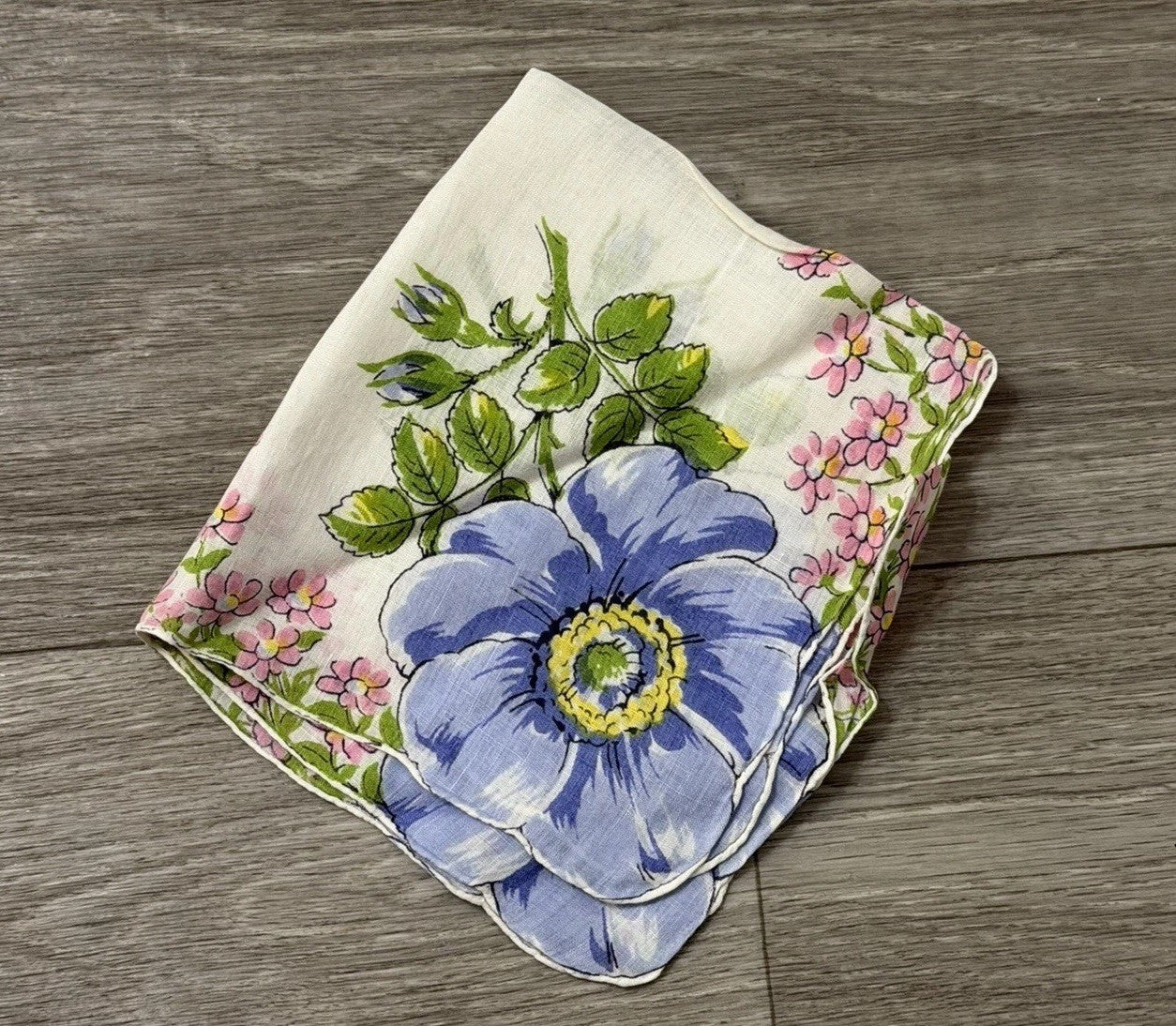 Vintage Blue Flowers W/ Little Pink Flowers Floral Wedding Handkerchief 12” Sq.