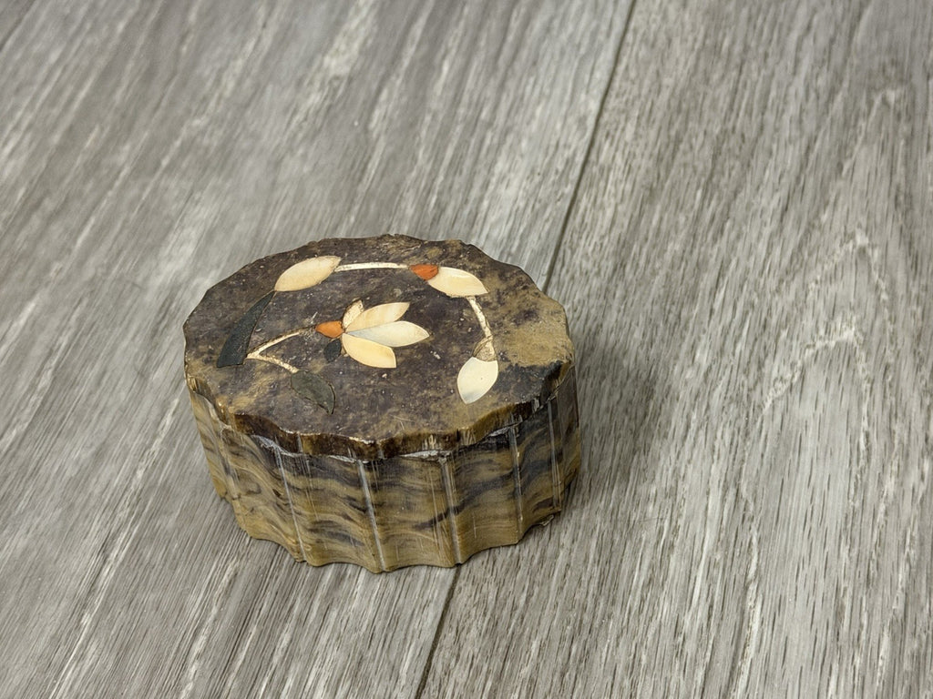 Vintage Stone Trinket Box Abalone Inlay Made In India 3” X 2.25” X 1.5” Tall