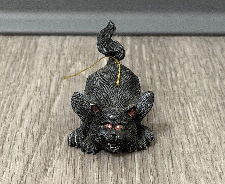 Vintage Small 1.75" Scary Resin Black Cat Hanging Ornament