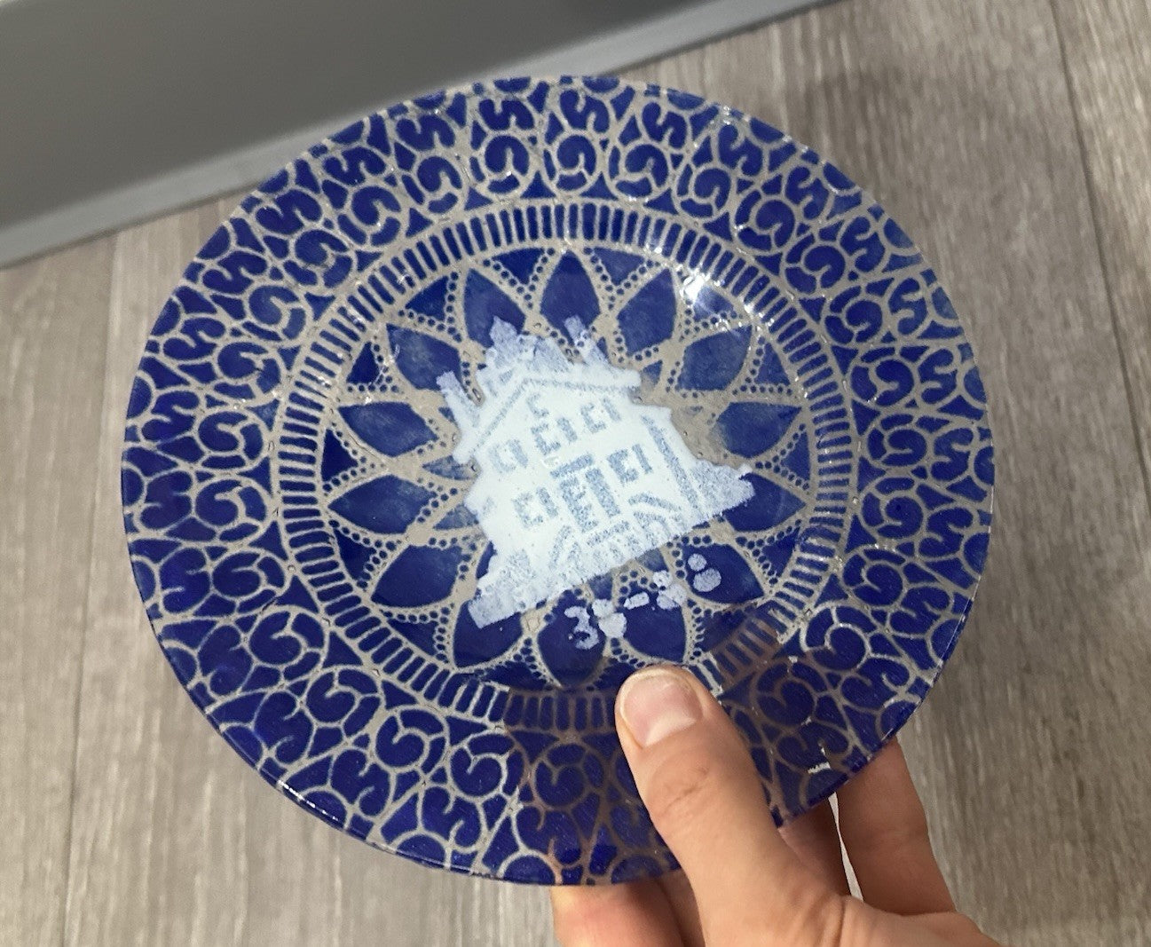 SYDENSTRICKER FUSED ART GLASS HOUSE HOME 38-88 PLATE DISH BLUE