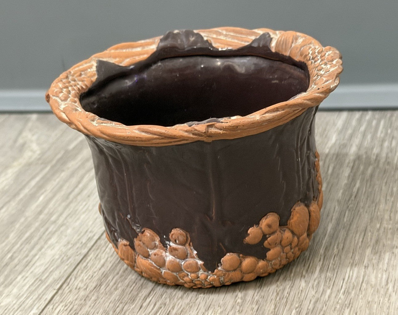 Claire Burke Art Pottery Red Clay Dish Bowl Hand Painted Fruit Grape Design 