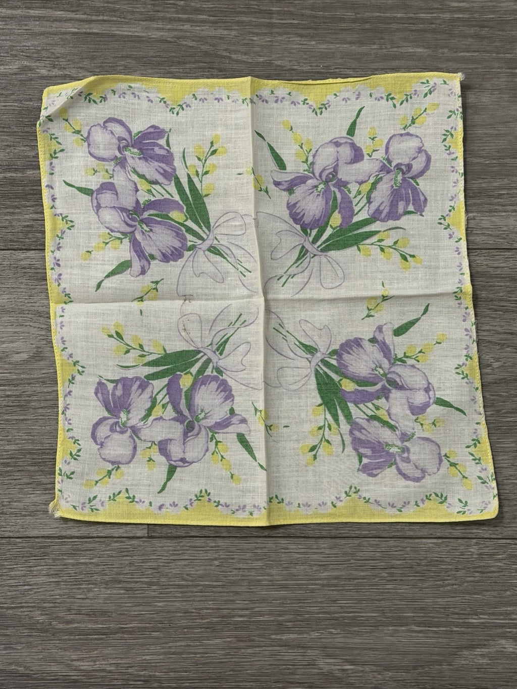 Vtg Ladies Square Handkerchief w/ Purple Iris Flowers & Ribbon Floral Print