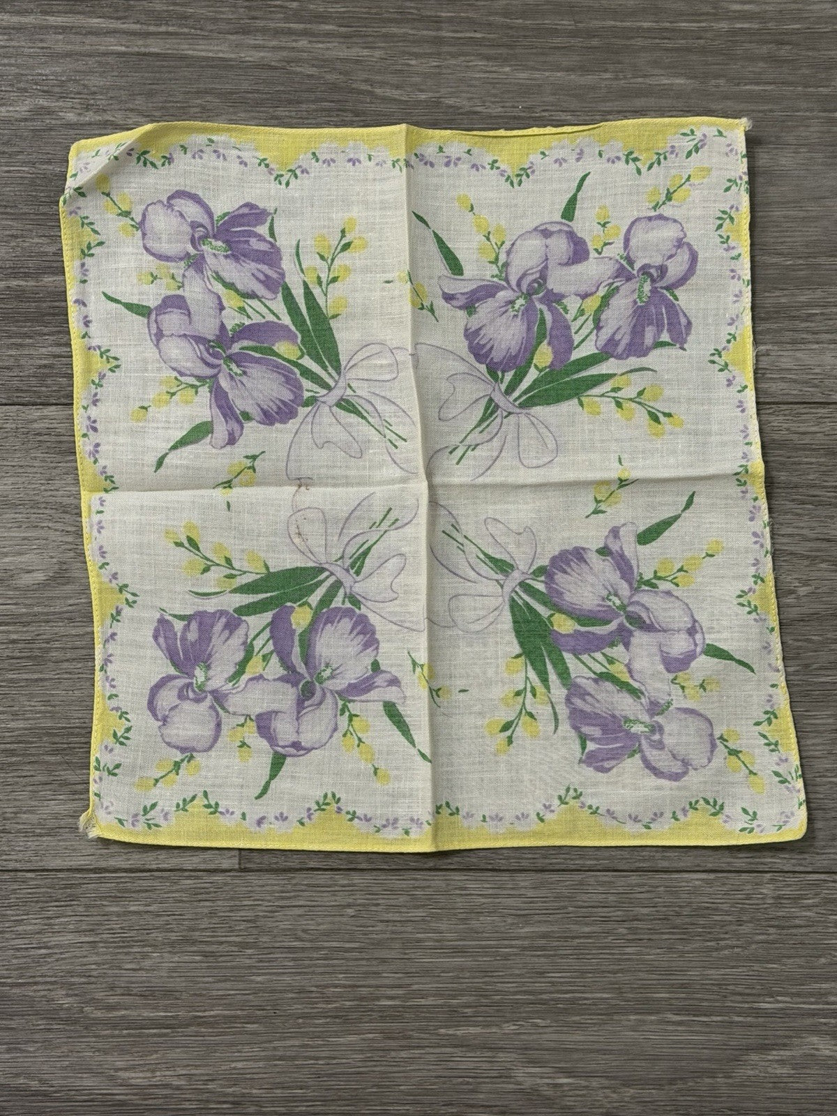 Vtg Ladies Square Handkerchief w/ Purple Iris Flowers & Ribbon Floral Print