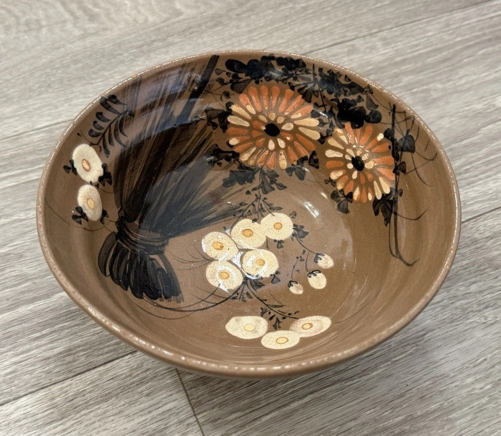 Vintage Japanese Retro Floral Bowl Ceramic Serving Bowl Brown READ