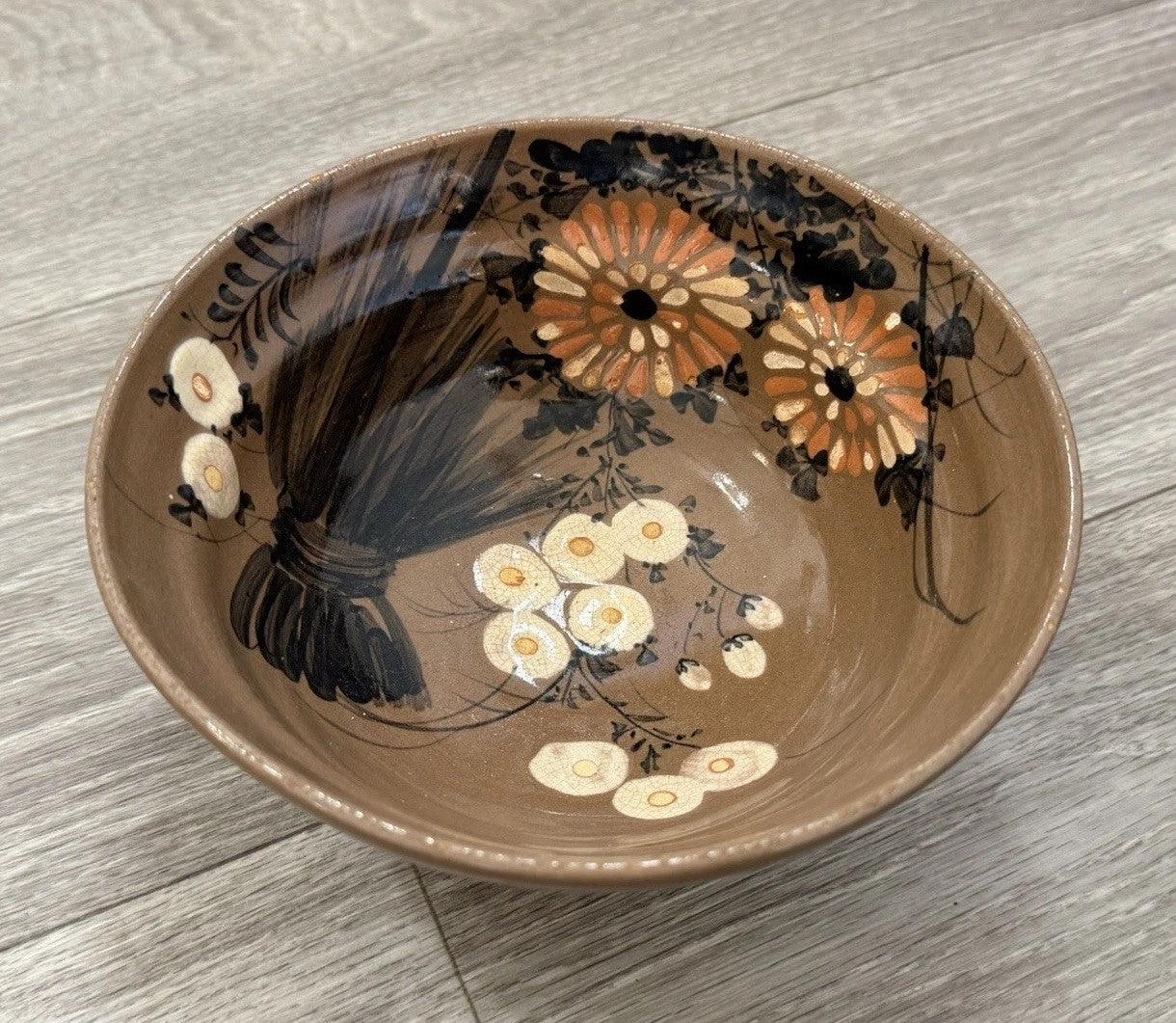 Vintage Japanese Retro Floral Bowl Ceramic Serving Bowl Brown READ