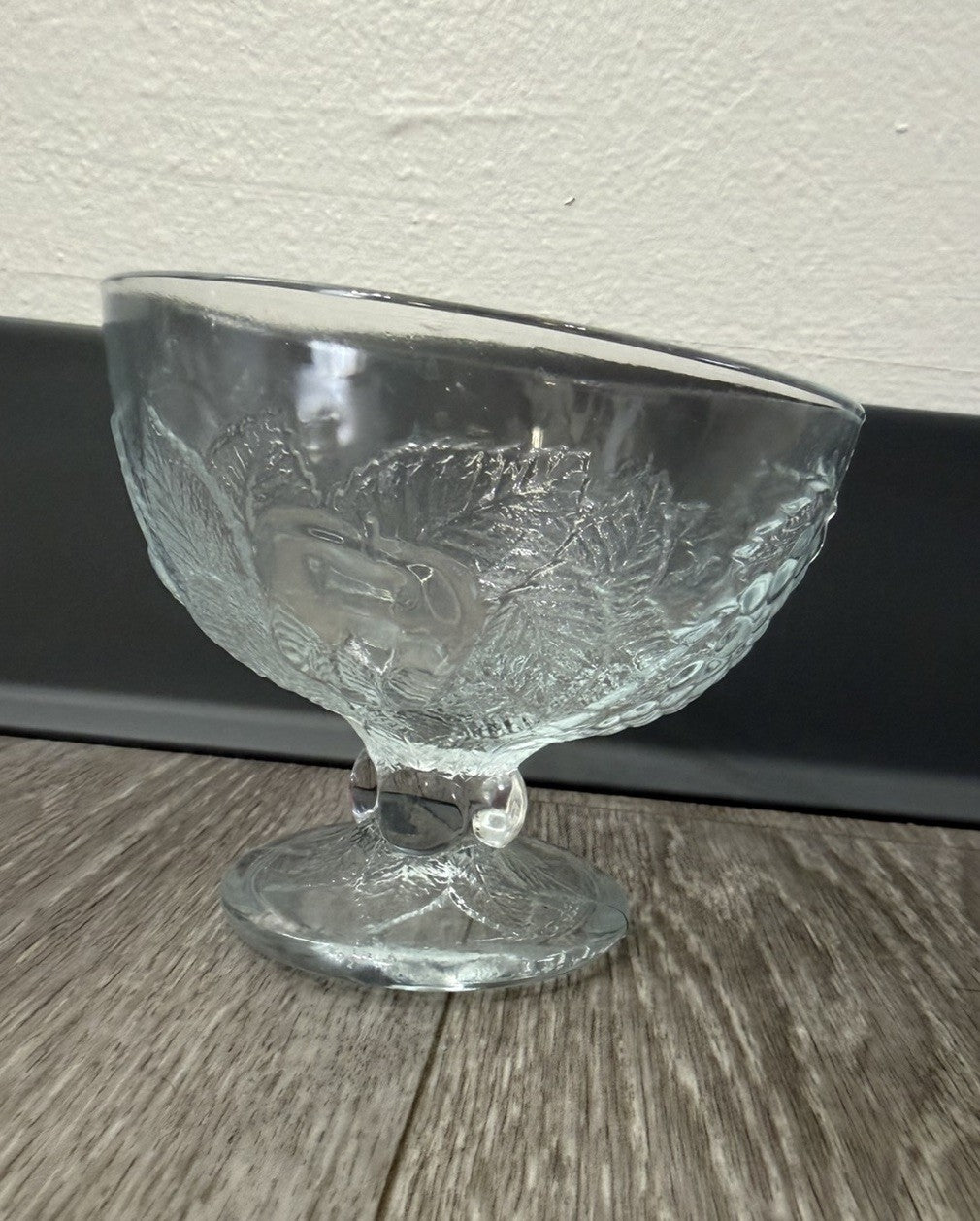 Vintage Footed Glass Bowl W/ Apples & Grapes Fruit Design Holiday Candy Dish