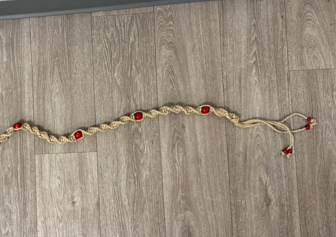 Handmade Hemp Rope Macrame And Red Painted Wood Bead Hippy Boho Tie Belt 50.5”