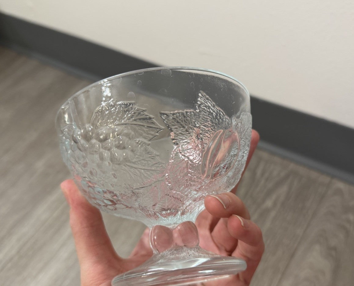 Vintage Footed Glass Bowl W/ Apples & Grapes Fruit Design Holiday Candy Dish