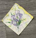 Vtg Ladies Square Handkerchief w/ Purple Iris Flowers & Ribbon Floral Print