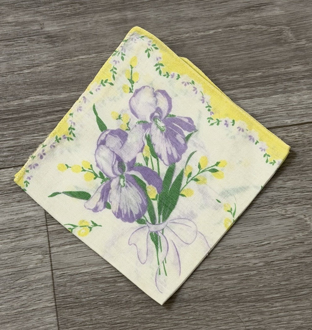 Vtg Ladies Square Handkerchief w/ Purple Iris Flowers & Ribbon Floral Print