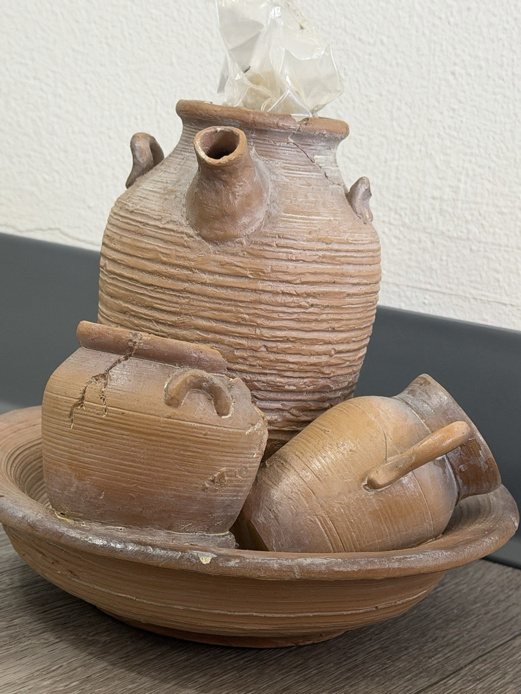 Tabletop Water Fountain Rustic Faux Pottery Sculpture– Folk Art Decor