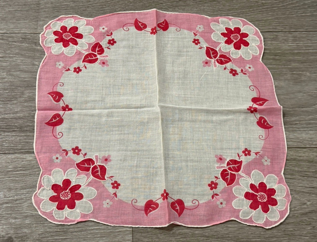 Vintage Pink Flowers Floral Wedding Handkerchief 11.5 X 11.75”