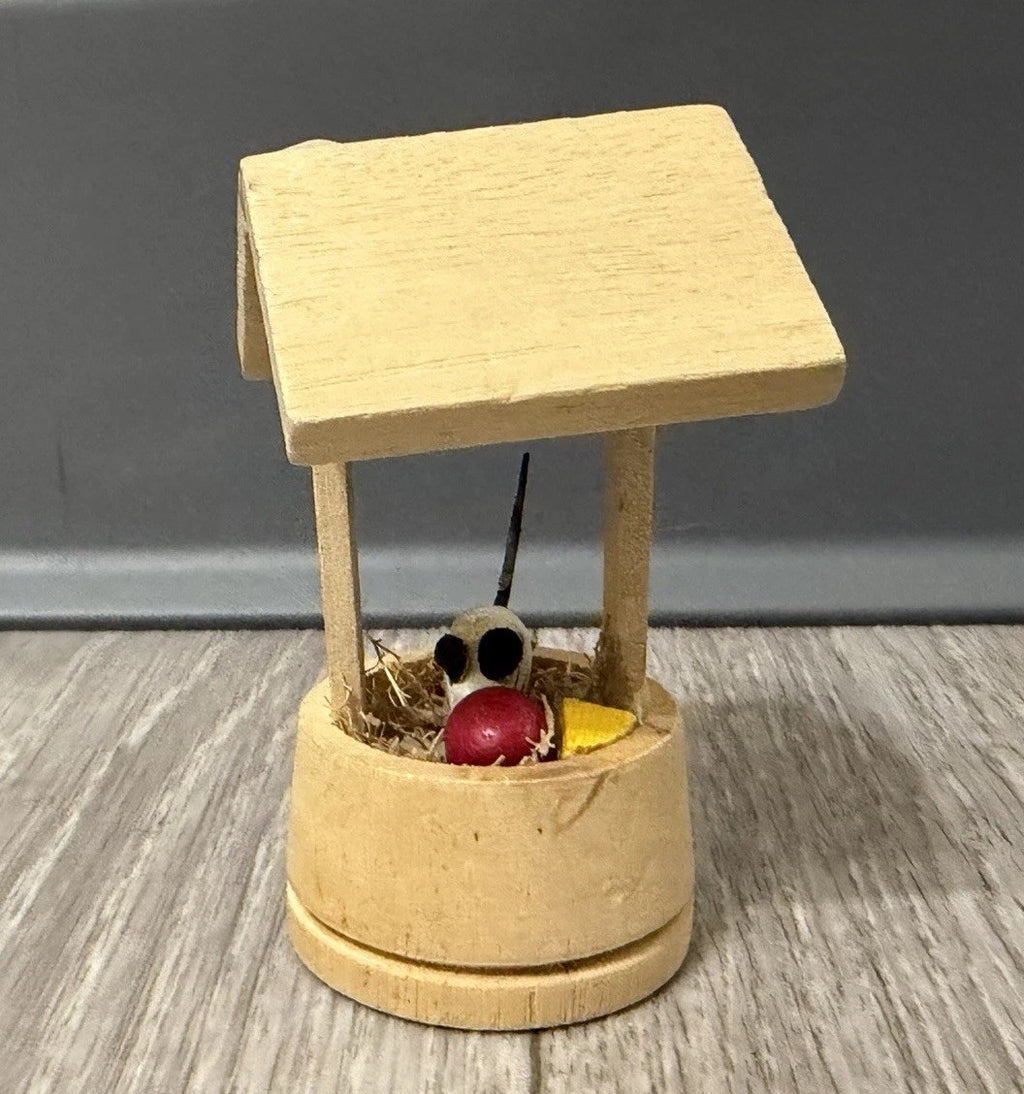 Vintage Wood Wishing Well Christmas Ornament With Mouse Cheese And Apple