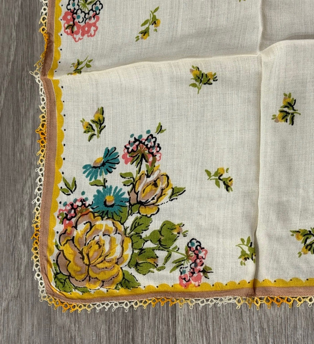 Vintage Yellow Roses & Blue Daisies Flowers Floral Wedding Handkerchief 12” Sq.
