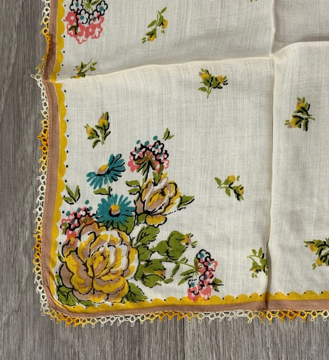 Vintage Yellow Roses & Blue Daisies Flowers Floral Wedding Handkerchief 12” Sq.