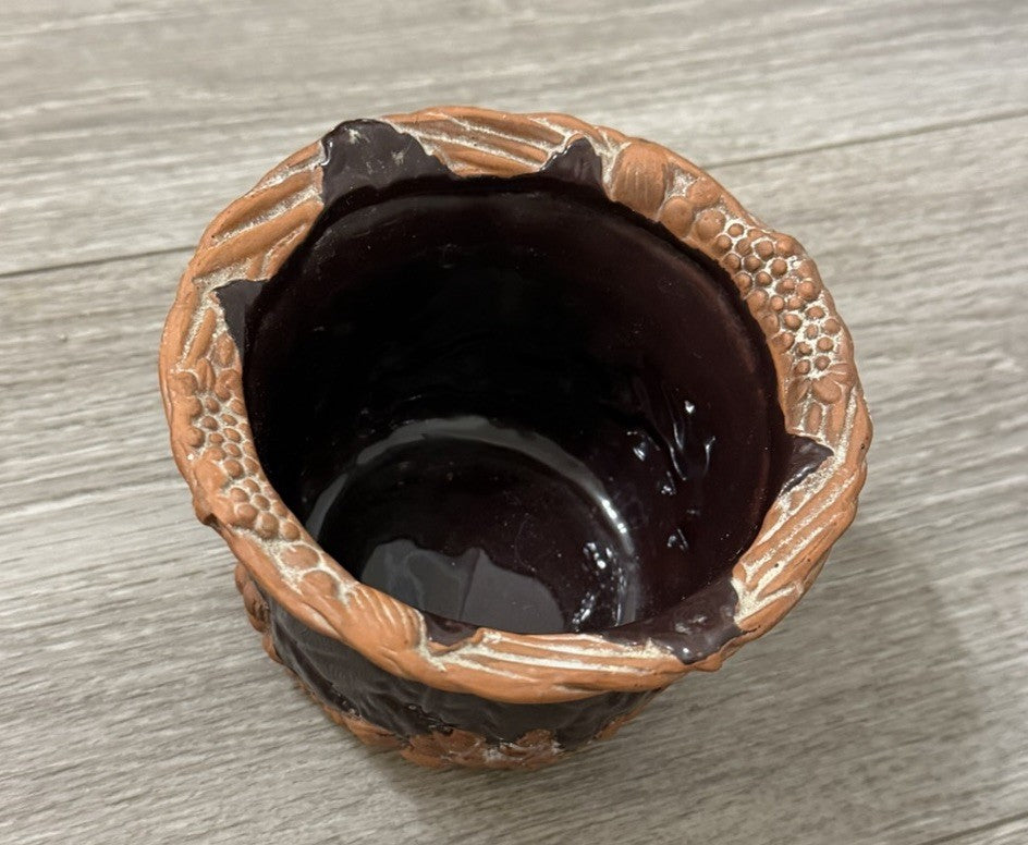 Claire Burke Art Pottery Red Clay Dish Bowl Hand Painted Fruit Grape Design 