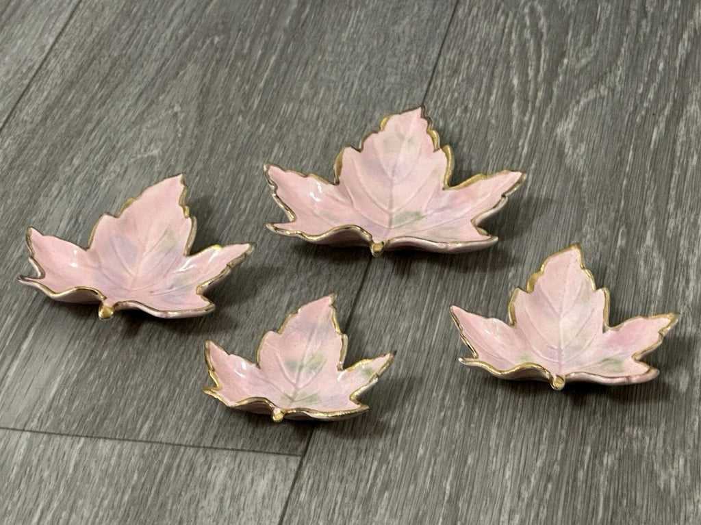 Vintage Ceramic set of 4 Nesting Maple Leaf Dishes 4 inches Pink And Gold