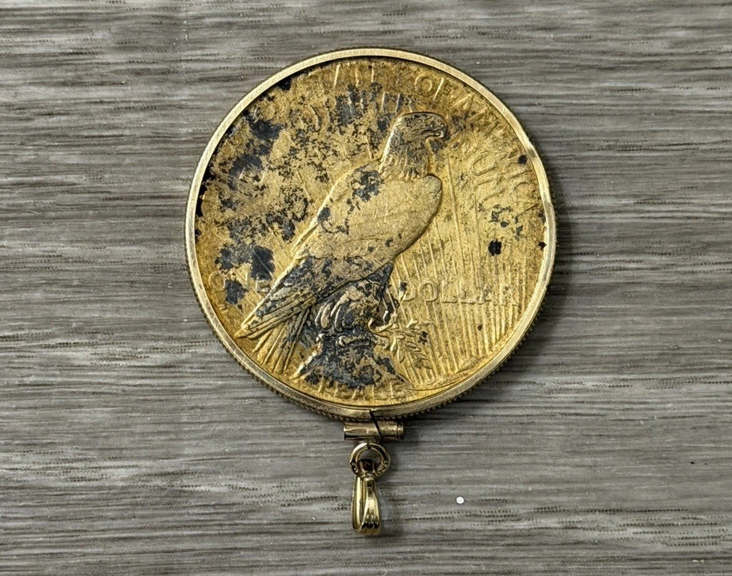 1928 PEACE SILVER DOLLAR Vintage US Coin Circulated Pendant Gold Tone Added