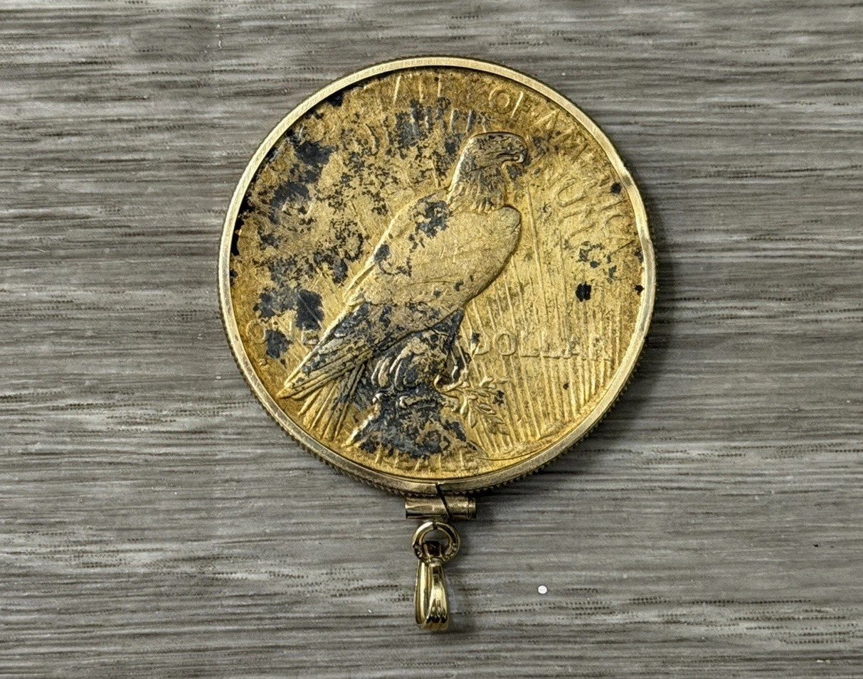 1928 PEACE SILVER DOLLAR Vintage US Coin Circulated Pendant Gold Tone Added