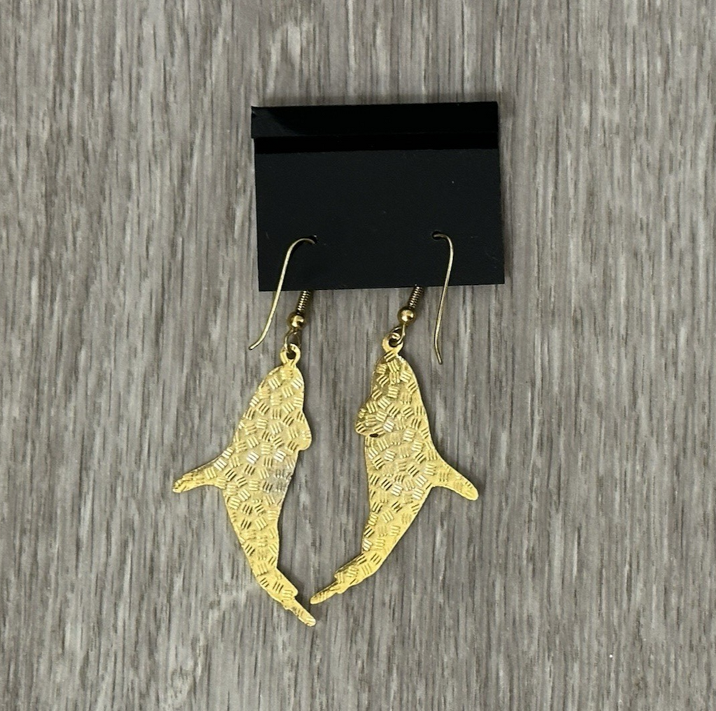 Vtg Goldtone Enamel Dolphin Drop Dangle Pierced Earrings 1.5"