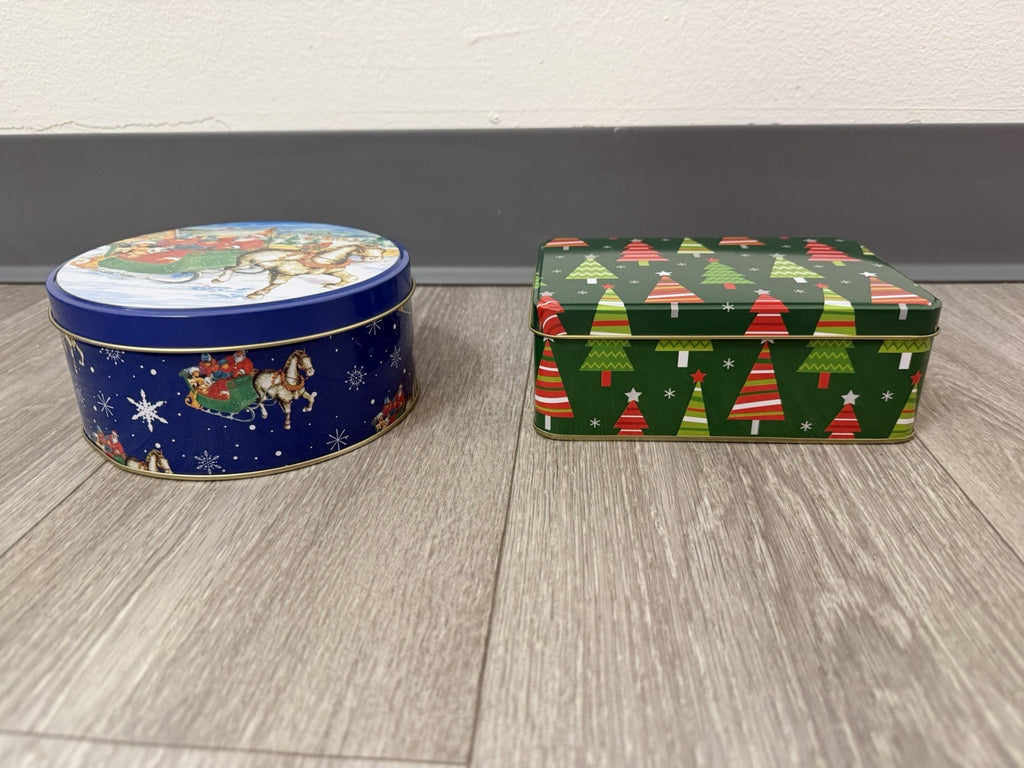 2 Christmas Tins Rnd & Rectangle 6” Diameter & 6.5”x 4.25” Used Great Condition