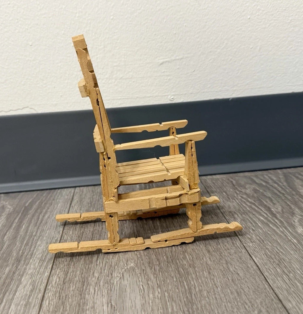 Vintage Folk Art Wooden Clothespin Handmade Doll Rocking Chair Rustic Farmhouse