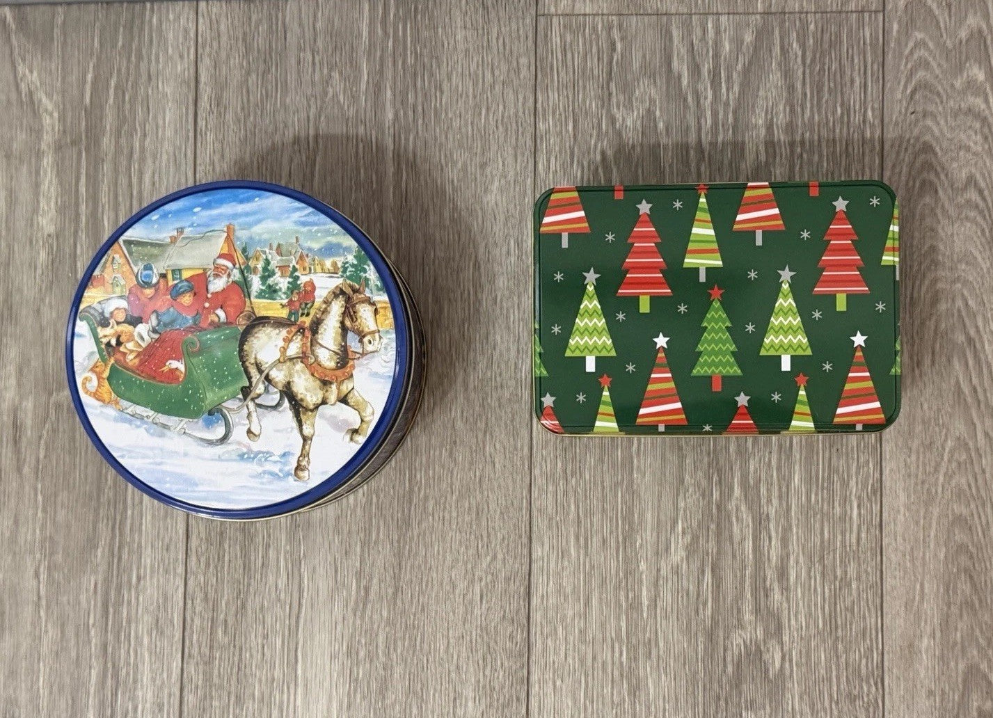 2 Christmas Tins Rnd & Rectangle 6” Diameter & 6.5”x 4.25” Used Great Condition