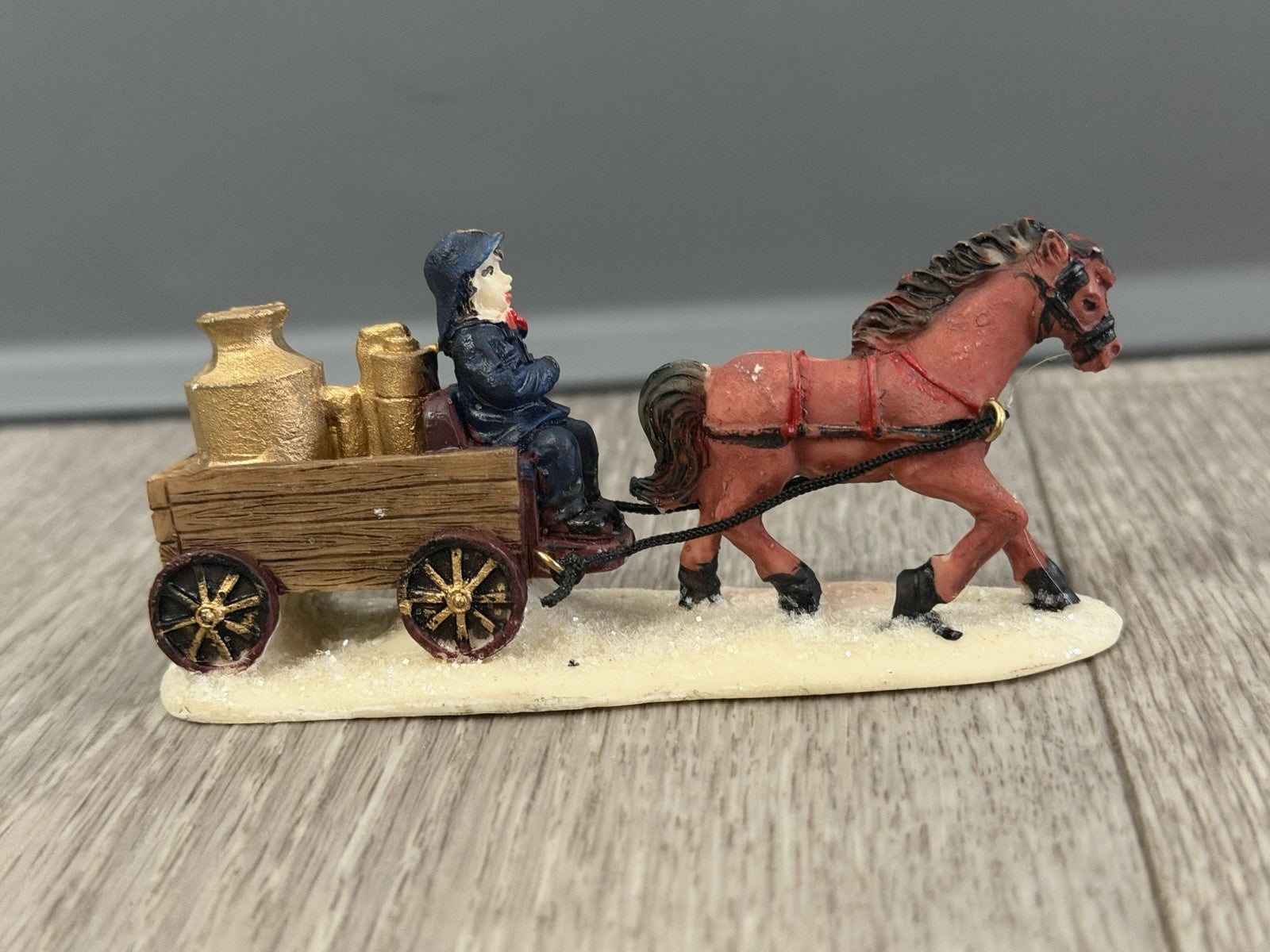 Horse-Drawn Fire Pumper Wagon w/ Firefighter, Vintage Christmas Village Figurine