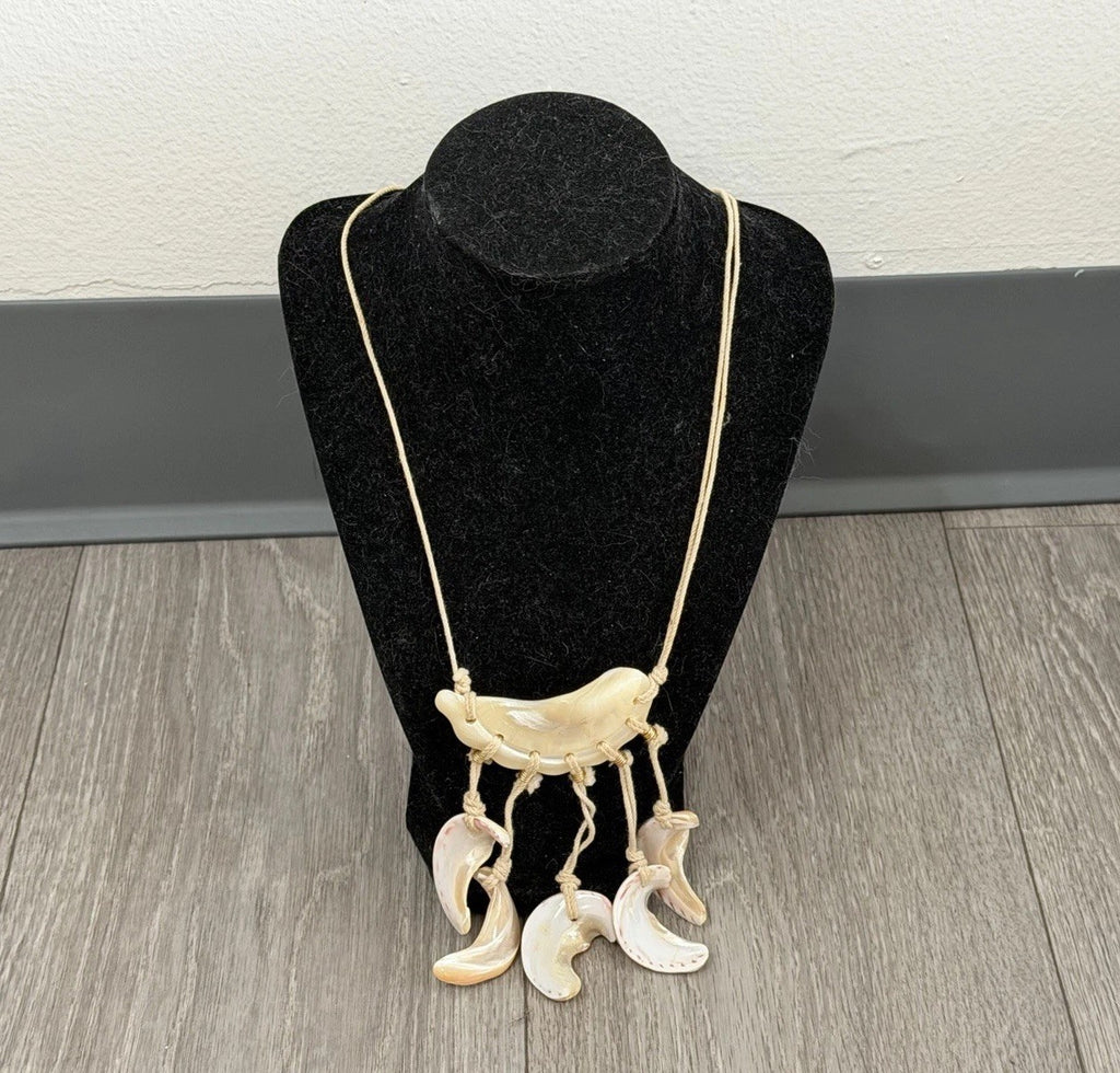 Vintage Hand Knotted Polished Large Sea Shell Beaded Long Necklace Unique Design