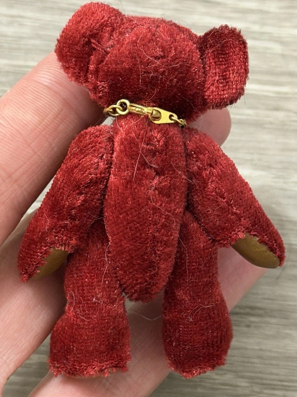 1982 Miniature Jointed Ruby Velvet Purple Teddy Bear Wearing A Necklace