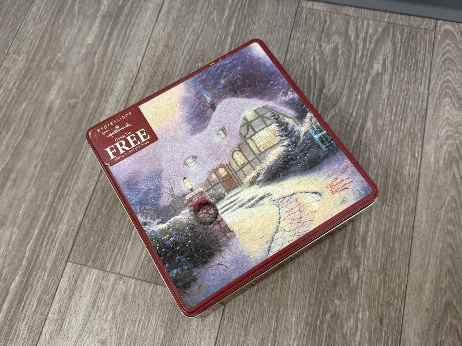 Hallmark/Kroger Thomas Kinkade Maroon/Gold Scenic Square Metal Tin, 7.5x7.5”