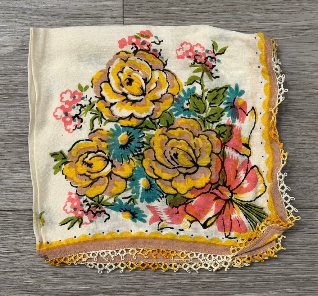Vintage Yellow Roses & Blue Daisies Flowers Floral Wedding Handkerchief 12” Sq.