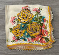 Vintage Yellow Roses & Blue Daisies Flowers Floral Wedding Handkerchief 12” Sq.