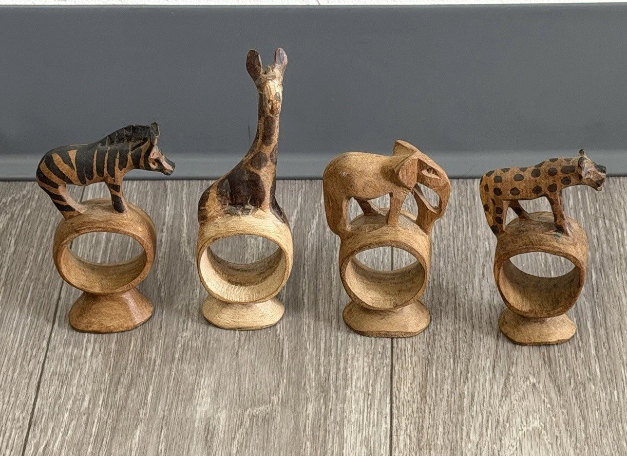 Vintage set of 4 Hand Carved Wooden African Safari Animal Napkin Ring Holders