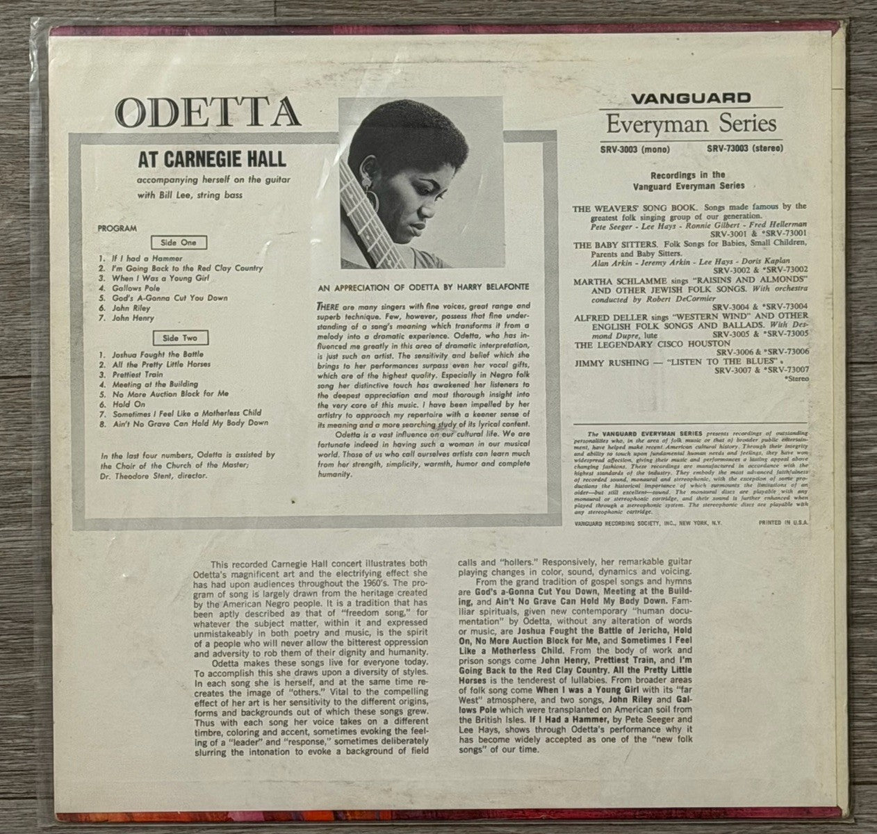 Vintage- ODETTA: At Carnegie Hall VANGUARD Everyman Series LP 33 RPM - SRV 73003