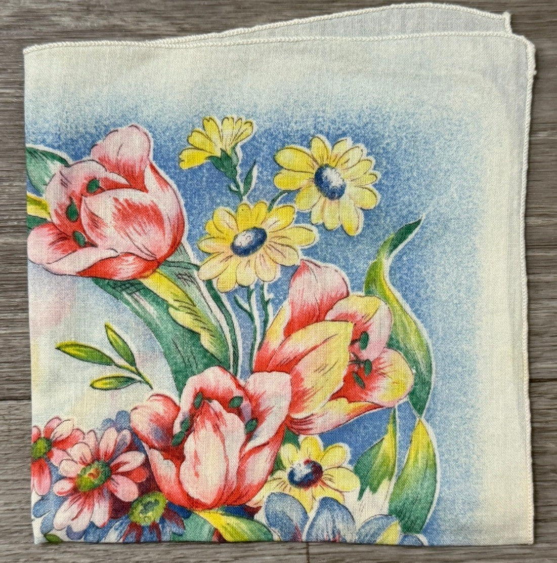 Vintage Beautiful Flowers Spring Easter Handkerchief 10.5” Square