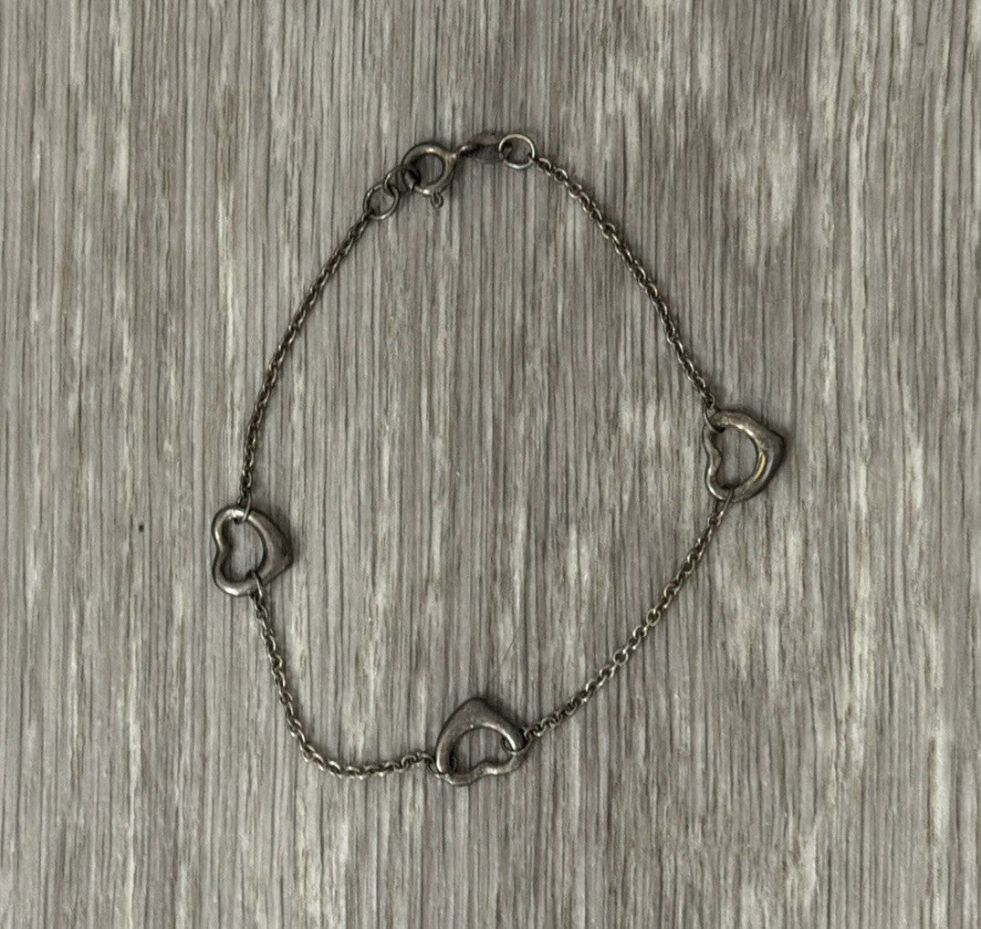 Italian 3 Heart Cable Chain Bracelet Sterling Silver 925 Made In Italy Tarnished
