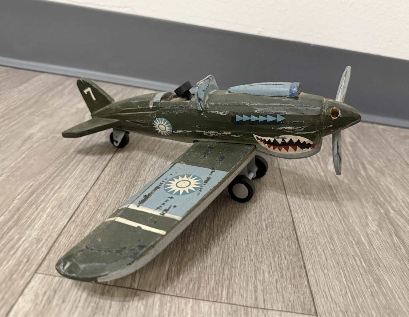 Vintage Green Plane  Shark Wooden Decorative Toy Missing Propeller Wood Airplane